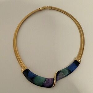 Choker Collar Necklace Gold Tone Abstract Art Inlay Statement Piece